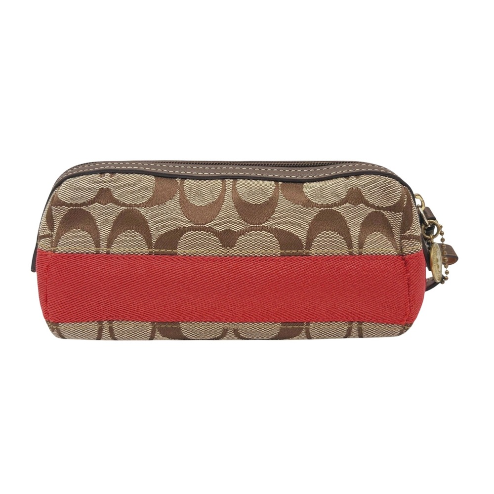 Coach Signature Jacquard Cosmetic Bag Khaki Brown Red Stripe Pouch F0626-Y0245